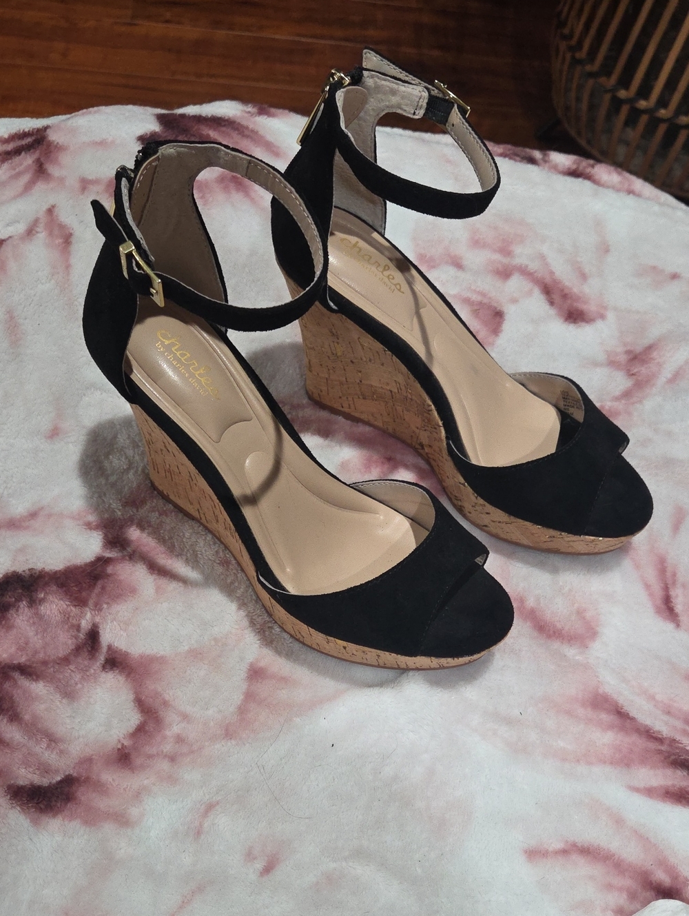 Charles David Black Suede Cork Wedge Sandals
